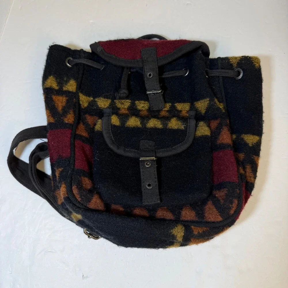 Vintage Southwestern Geometric Wool Blend Mini Backpack Black Earth Tones